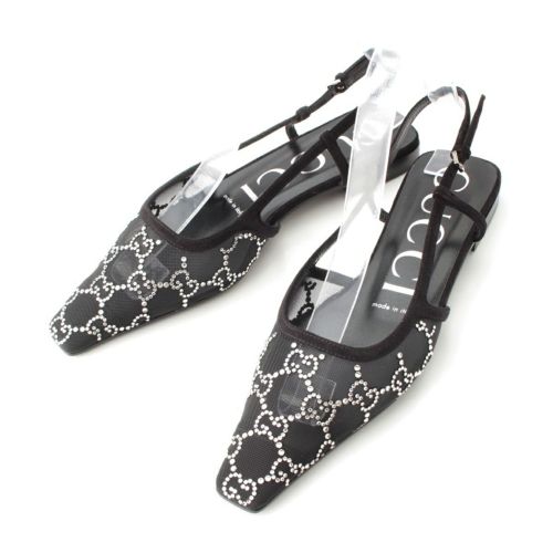 グッチ GGクリスタル スリングバック ポインテッドトゥ パンプス フラットシューズ 771662 F13A0 1000 ブラック 36