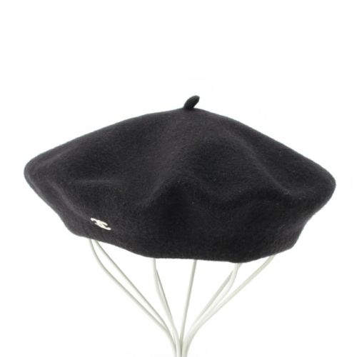 シャネル 98P ウール ココマーク 刺繍 手書きタグ ベレー帽 ブラック 57