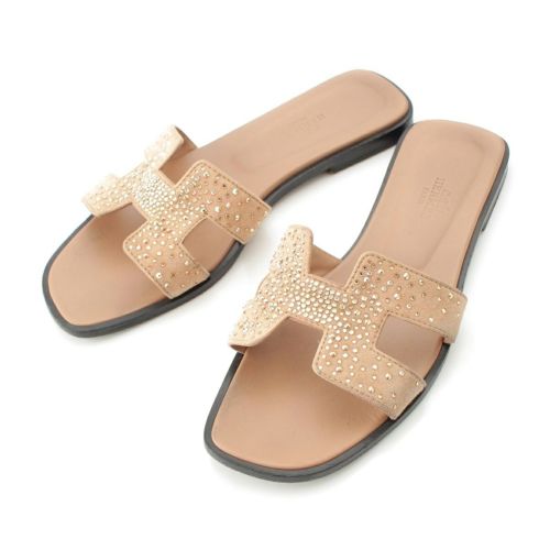 エルメス オラン スエード ラインストーン フラット サンダル ベージュ 36 1/2