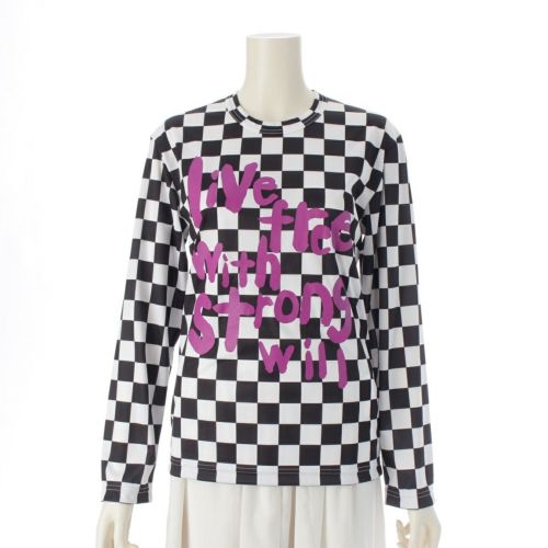 コムデギャルソン AD2023 メッセージプリント チェッカー カットソー RM-T025 ブラック×ホワイト×パープル XS