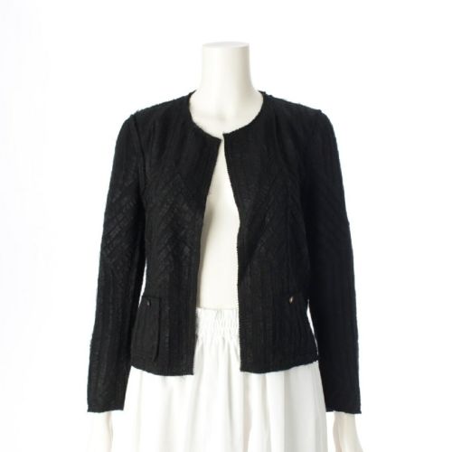 シャネル 03P シルク ナイロン ヴィンテージ ココマークボタン ノーカラージャケット カーディガン トップス アウター P21321 ブラック 38