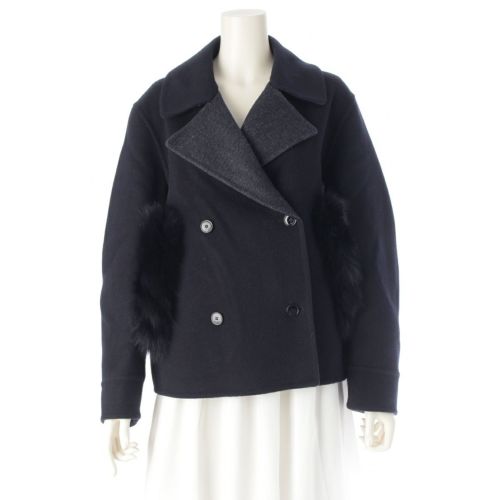 ドゥロワー WINTER1 ウール シルク フォックス ファー ポケット ダブルブレスト ダブルフェイス ジャケット ネイビー 38