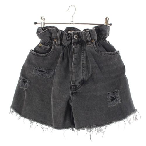 ミュウミュウ コットン ロゴ ダメージ加工 ゴムウエスト デニム ショートパンツ GWP300 ブラック 25