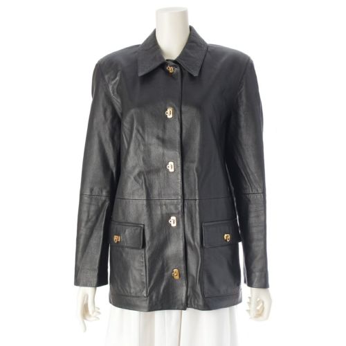 サルヴァトーレフェラガモ レザー ゴールド金具 ガンチーニ ジャケット アウター ブラック 42