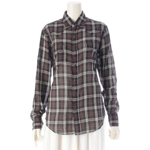 サンローラン 16年 コットン チェック ウエスタン 長袖シャツ トップス ブラック XS