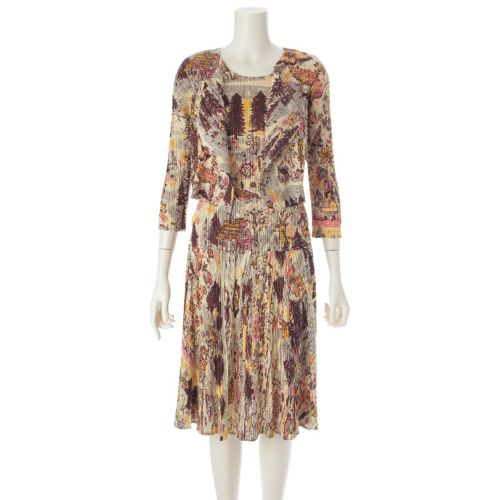 プリーツプリーズ イッセイミヤケ ナタリーレテ 赤ずきん ポリエステル ひざ丈 花柄 フラワー 3ピース トップス カーディガン スカート 3点セット ベージュ系マルチカラー 3