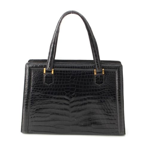 エルメス クロコ ゴールド金具 ロック付き ハンドバッグ ブラック
