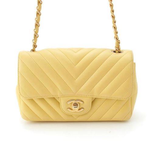 シャネル Vステッチ シェブロン ラムスキン チェーン ショルダーバッグ イエロー