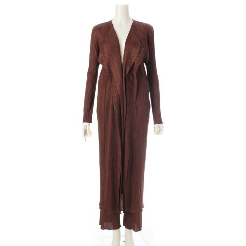 プリーツプリーズ イッセイミヤケ ポリエステル 変形 ロング 長袖 カーディガン パンツセットアップ ブラウン 5/4