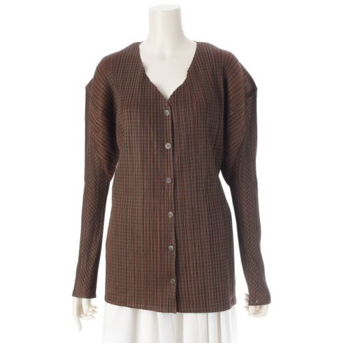 プリーツプリーズ イッセイミヤケ チェック柄 長袖 カーディガン トップス PP54-JD646 ブラウン×ブラック 4