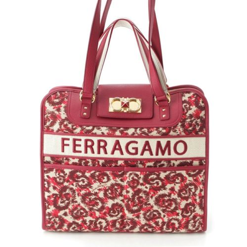 サルヴァトーレフェラガモ ガンチーニ アイコニック キャンバス レザー ロゴ 2WAY ショルダー トートバッグ AU-21/1418 ボルドー