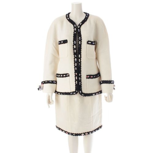 シャネル 91年春夏 ヴィンテージ ウール スカートセットアップ トランプ柄裏地 ブレードトリミング ホワイト 40