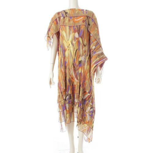 プリーツプリーズ イッセイミヤケ 16年 太陽 孔雀 総柄 プリント ロング ワンピース ドレス PP64-AD202 マルチカラー フリーサイズ