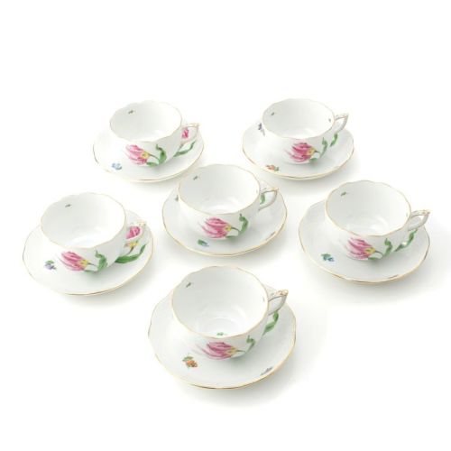 ヘレンド 陶器 バコニーの春 6客セット 食器 ティー カップ＆ソーサー ホワイト ピンク