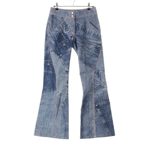 クリスチャンディオール 00SS デニム ガリアーノ期トロンプルイユ 転写 フレア パンツ ブルー