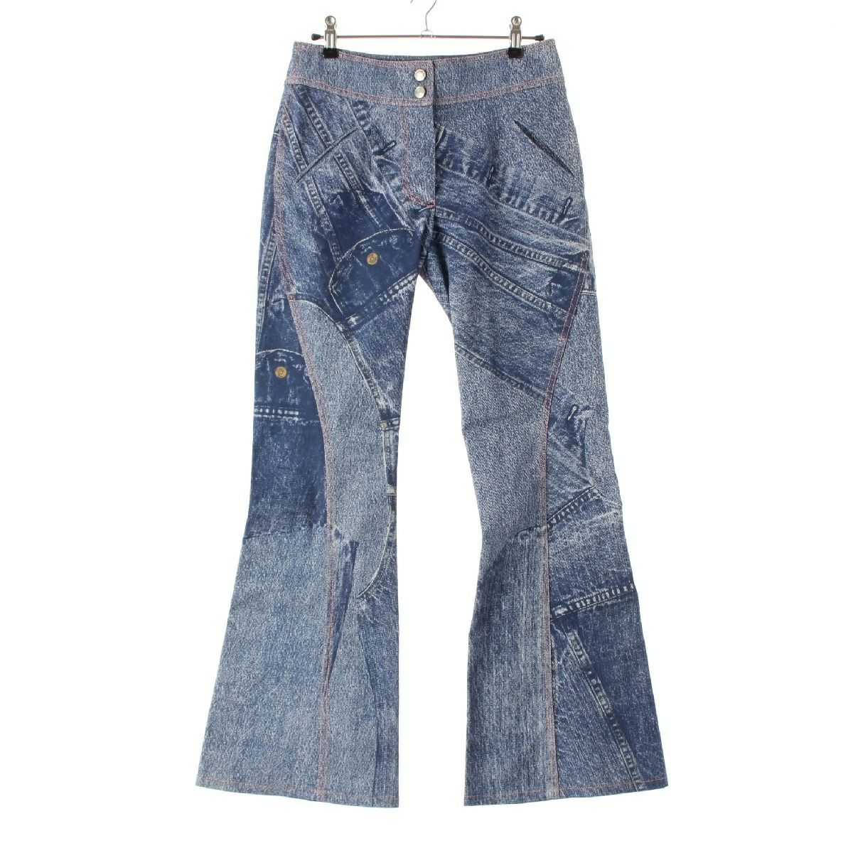 クリスチャンディオール 00SS デニム ガリアーノ期トロンプルイユ 転写 フレア パンツ ブルー