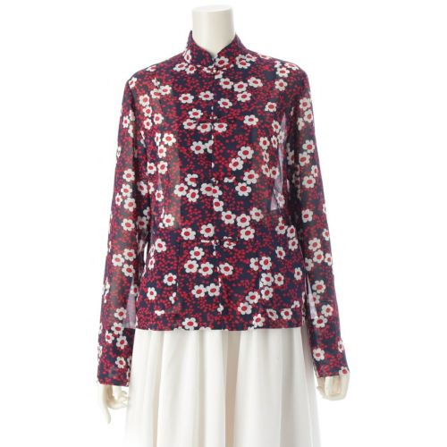 コムデギャルソン AD2021 花柄 シースルー チャイナ 長袖シャツ トップス RI-J024 ネイビー レッド S