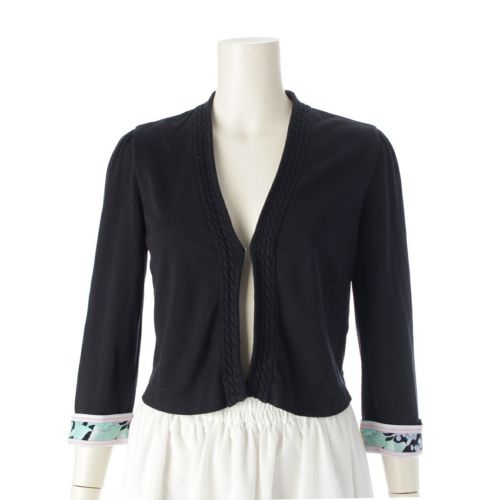 レオナール 花柄 袖口切替 ボレロ カーディガン ブラック系 36