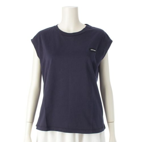 ミュウミュウ 24年 コットン ロゴ ノースリーブ Tシャツ トップス カットソー MJE15 ネイビー S