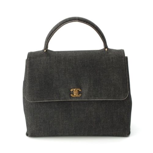 シャネル 5番台 ケリー型 ココマーク ターンロック デニム ハンドバッグ ブラック系