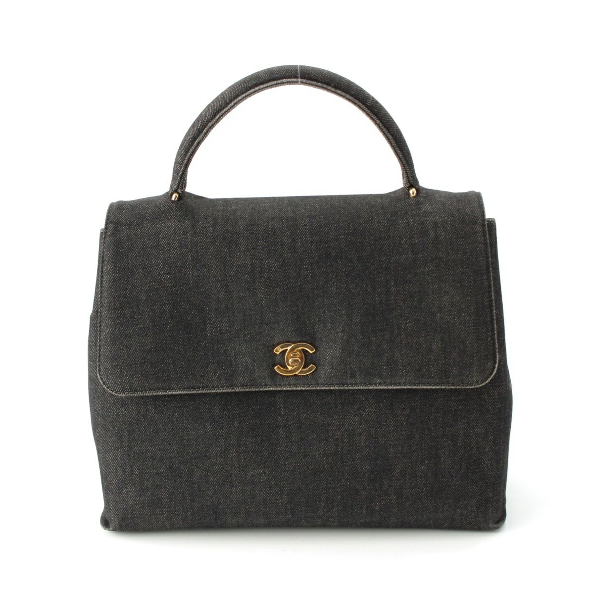 シャネル 5番台 ケリー型 ココマーク ターンロック デニム ハンドバッグ ブラック系