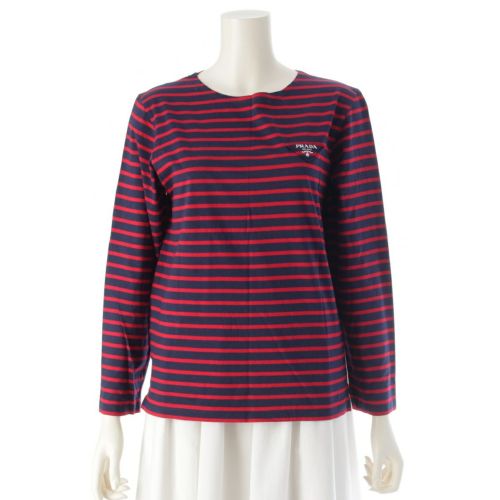 プラダ コットン トライアングルロゴ ボーダー カットソー 長袖トップス 34629 レッド ネイビー XS