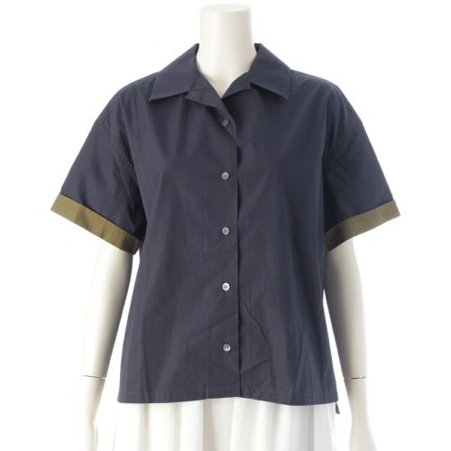 ロエベ コットン アナグラム 刺しゅう ブラウス トップス 半袖シャツ S359Y05XC6 ネイビー カーキグリーン バイカラー 34