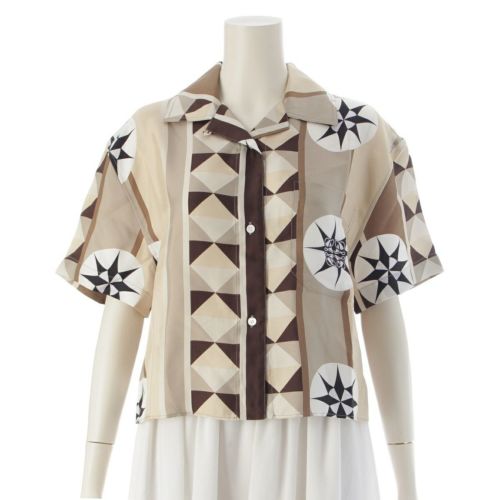 ロエベ ウォッシュドシルク PAULA'S IBIZA アナグラム ロゴ 半袖シャツ トップス ベージュ マルチカラー 36