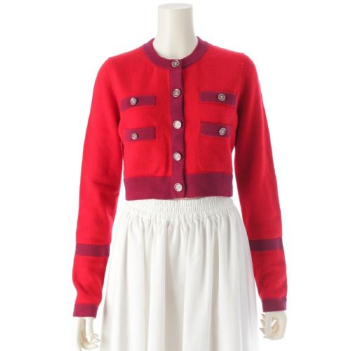 シャネル カシミヤ ココマーク クロップド ニット カーディガン P75655 レッド パープル 36
