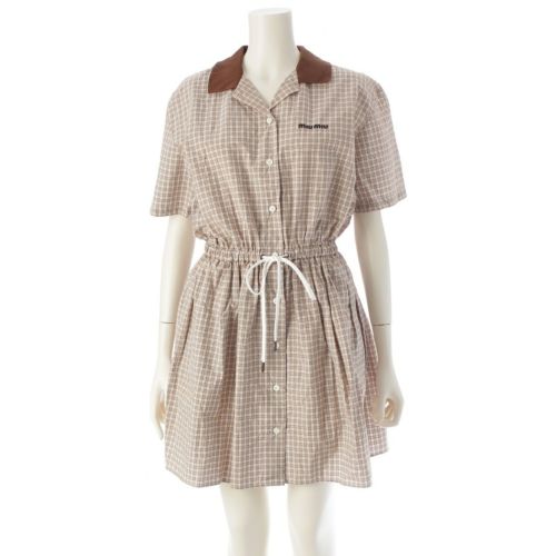 ミュウミュウ 2024 コットン ロゴ チェック 半袖 ワンピース MF5712 ベージュ 38