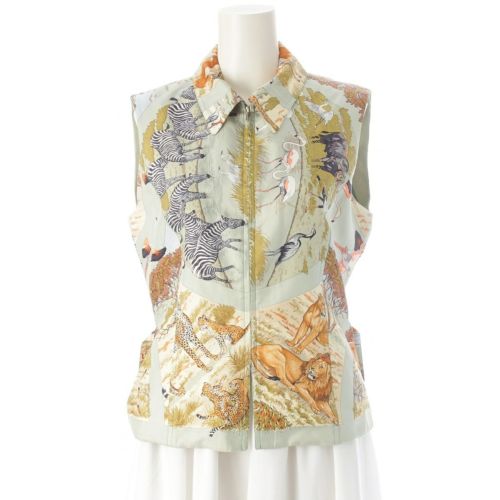 エルメス Tanzanie タンザニア シルク ジップアップ ベスト ジレ トップス ライトグリーン系 40