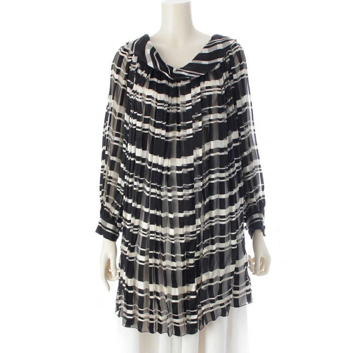 クリスチャンディオール 1991年 シルク ジャンフランコフェレ期 チェック柄 シアー プリーツ チュニック プルオーバー ブラウス トップス ブラック×ホワイト 38