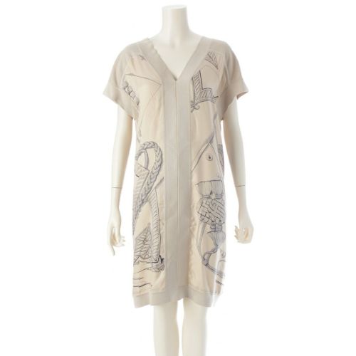 エルメス 21年 シルク Vネック ニット 切替 ツイルレーヌ ノースリーブ ワンピース ドレス ベージュ 34