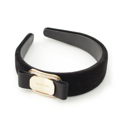 サルヴァトーレフェラガモ ヴァラ ベロア リボン ラインストーン カチューシャ ヘアアクセサリー ブラック