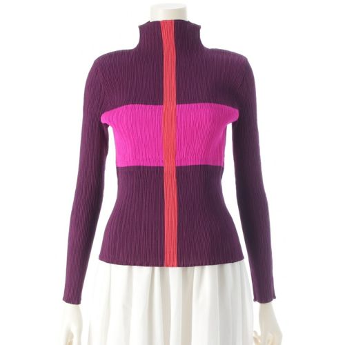 イッセイミヤケ モックネック プリーツ ロングスリーブ カットソー トップス IM94-FJ949 パープル系 M