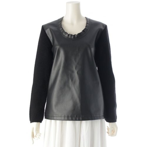 コムデギャルソン AD2024 24AW ウール 合成皮革 フェイクレザー切替 ニット トップス 長袖 GN-N011 ブラック XS