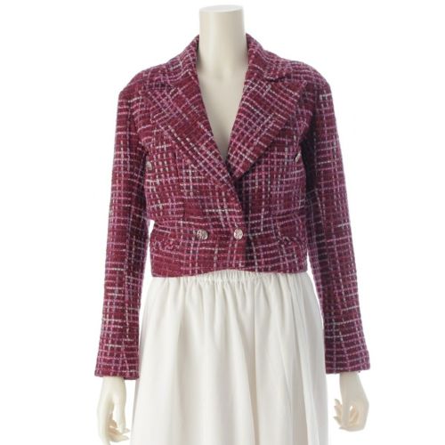 シャネル 23SS ココマーク ラインストーン ツイード クロップド テーラードジャケット アウター P74830 ボルドー 34