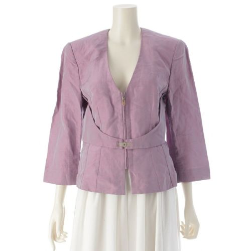 ジョルジオアルマーニ リネン ノーカラー ベルテッド テーラードジャケット ピンク 38