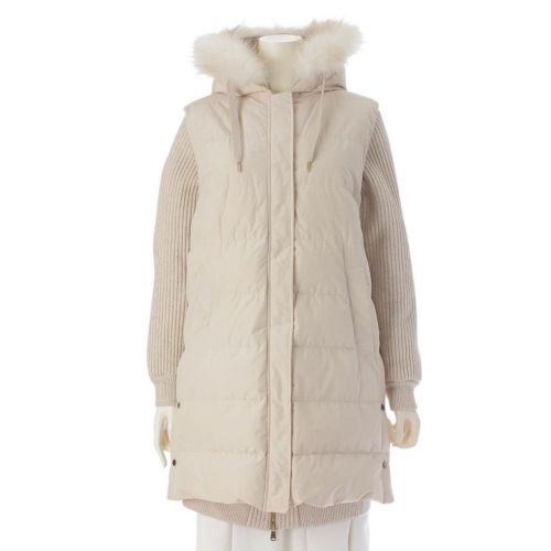 ブルネロクチネリ フォックスファー ノースリーブ ダウンコート＆カシミヤ ベスト パーカー ベージュ M フォックスファー レイヤード パーカー 3way ダウンコート ベスト ベージュ M