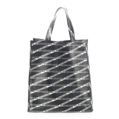 バレンシアガ カーフ ペーパーレザー ロゴ ストライプ 総柄 トートバッグ 544308 ブラック