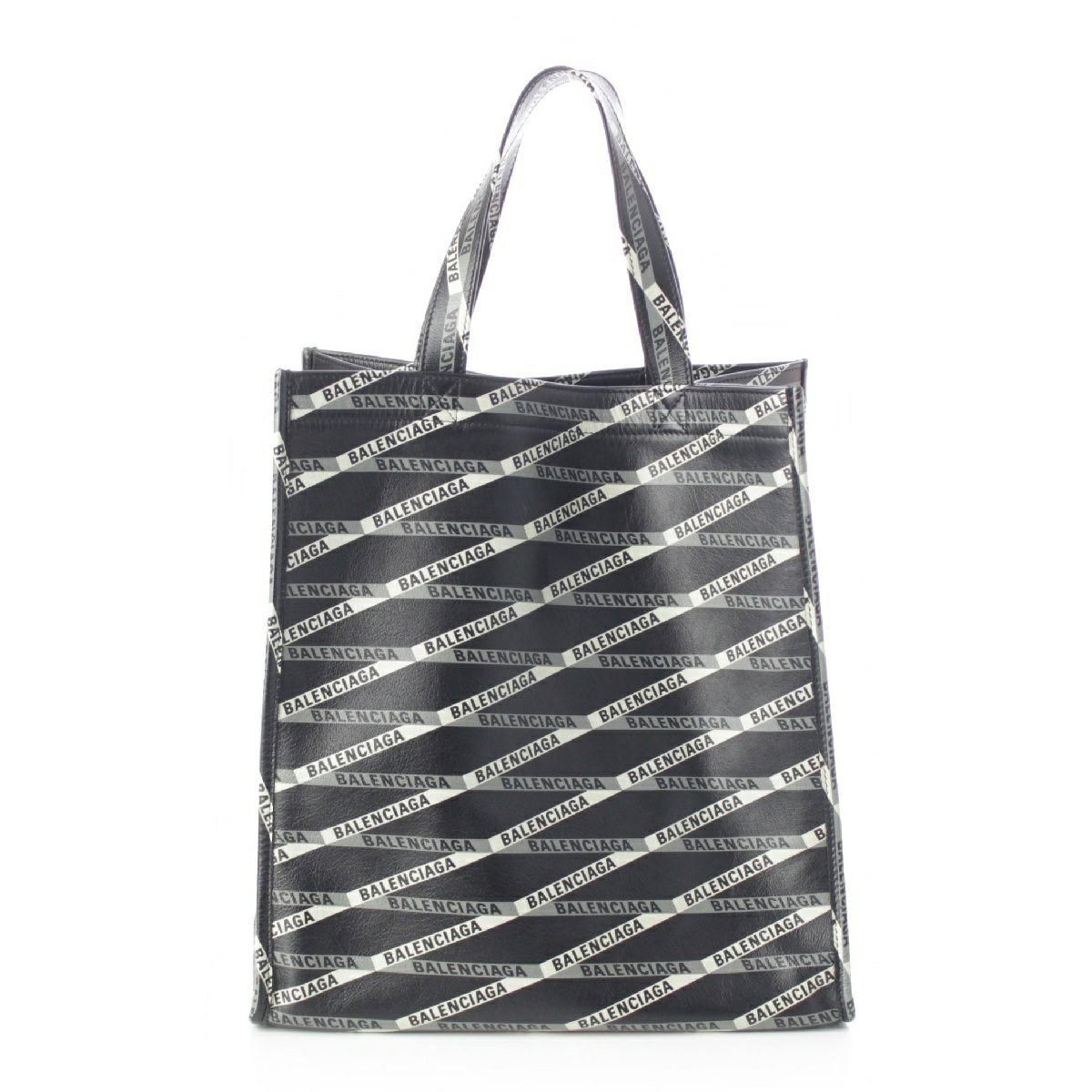 バレンシアガ カーフ ペーパーレザー ロゴ ストライプ 総柄 トートバッグ 544308 ブラック