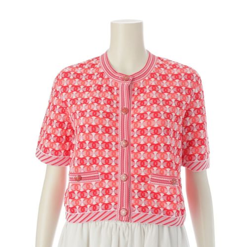 シャネル コットン ジャガード ココマーク RUE 31 CAMBON ニット 半袖 カーディガン P60693 レッド ピンク 36