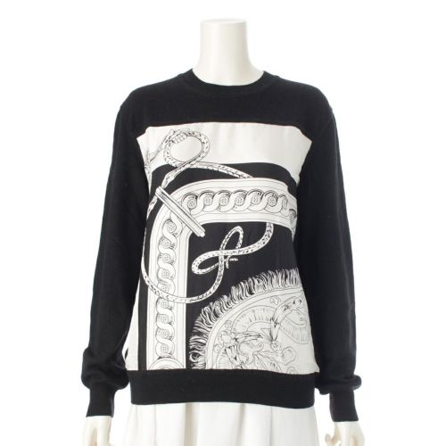 エルメス 20年 カシミヤ シルク 切替 ツイルレーヌ ニット セーター トップス ブラック ホワイト 36