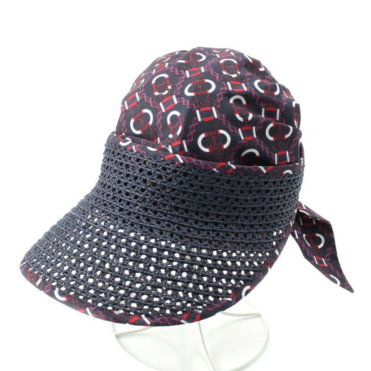 エルメス ラフィア コットン ジェミニ 帽子 キャップ ネイビー