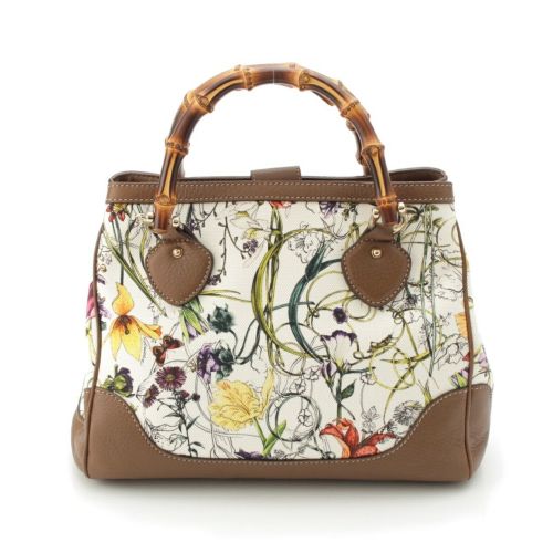 グッチ キャンバスxレザー ダイアナ GGフローラ バンブー 2WAY ショルダー ハンドバッグ 308360 ベージュ ブラウン