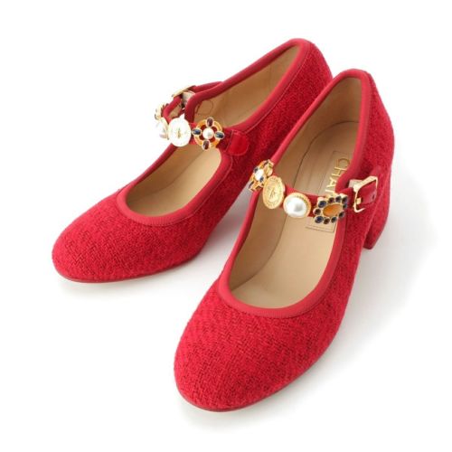 シャネル 24AW ツイード アイコン メリージェーン パンプス G45777 レッド 38