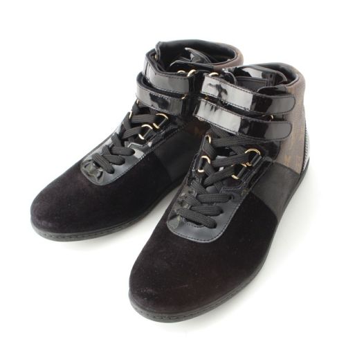 ルイヴィトン 14年 スエード パテント モノグラム ハイカット スニーカー シューズ GO0194 ブラック 36