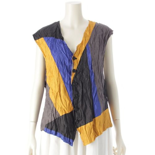 イッセイミヤケ 93SS クレイジーパターン シワ加工 切替 プリーツ ベスト トップス IM31-FE369 マルチカラー M