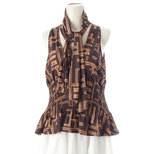 フェンディ ロゴプリント リボンタイ シャーリング デザイン ノースリーブ カットソー トップス ブラウン 44