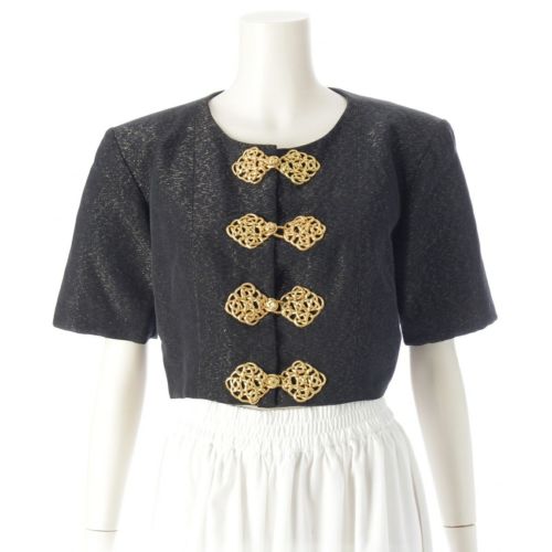 イヴサンローランリヴゴーシュ 93SS YSL ヴィンテージ 装飾ボタン ラメ入り 半袖 ノーカラージャケット アウター ブラック系 42